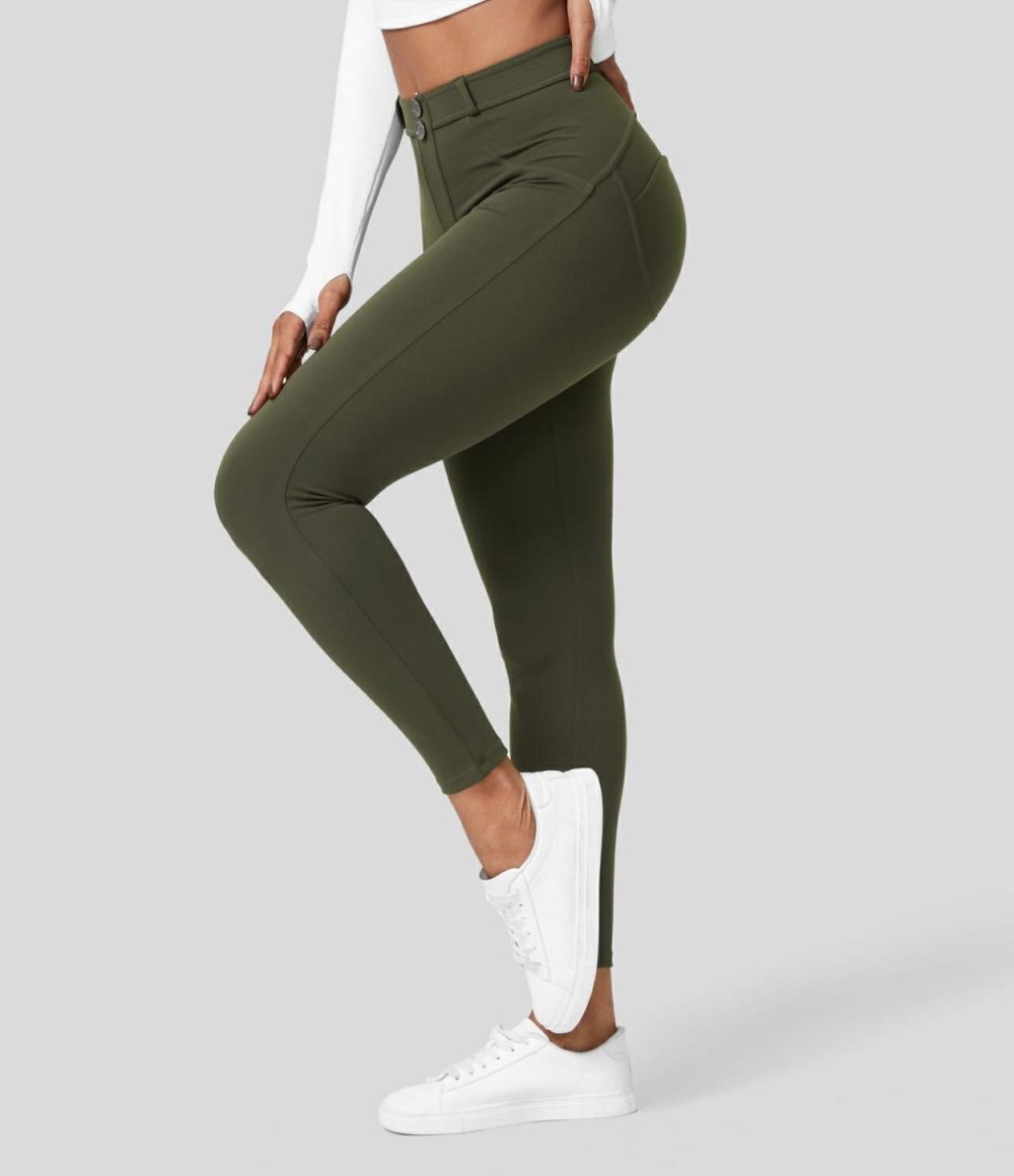 Softlyzero™ Eco High Waisted Button Ruched Yoga 7/8 Leggings  | Womens  Butt Lifting Leggings Butt Lifting Leggings Butt Lifting Leggings