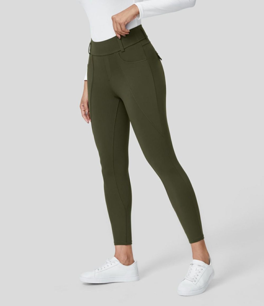 Softlyzero™ Eco High Waisted Side Pocket Yoga 7/8 Leggings  | Womens  Pocket Leggings Clothing Lone Pine Green/Black