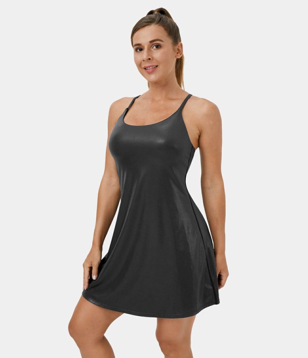 Softlyzero™ Faux Leather Backless Crisscross 2-Piece Foil Print Stretchy Flare Dance Active Dress  | Womens  Active Dresses Active Dresses Active Dresses