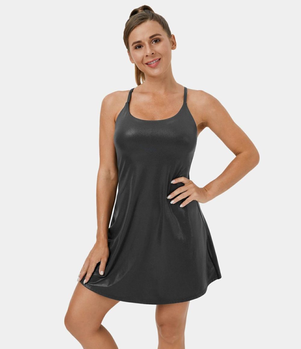 Softlyzero™ Faux Leather Backless Crisscross 2-Piece Foil Print Stretchy Flare Dance Active Dress  | Womens  Active Dresses Active Dresses Active Dresses