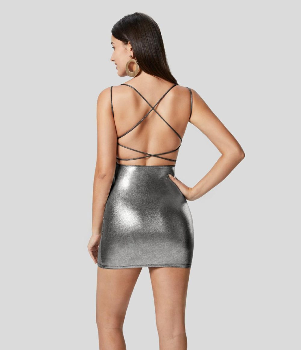 Softlyzero™ Faux Leather Backless Crisscross Back Bodycon Metallic Foil Print Stretchy Mini Party Dress  | Womens  Mini Dresses Clothing Mini Dresses