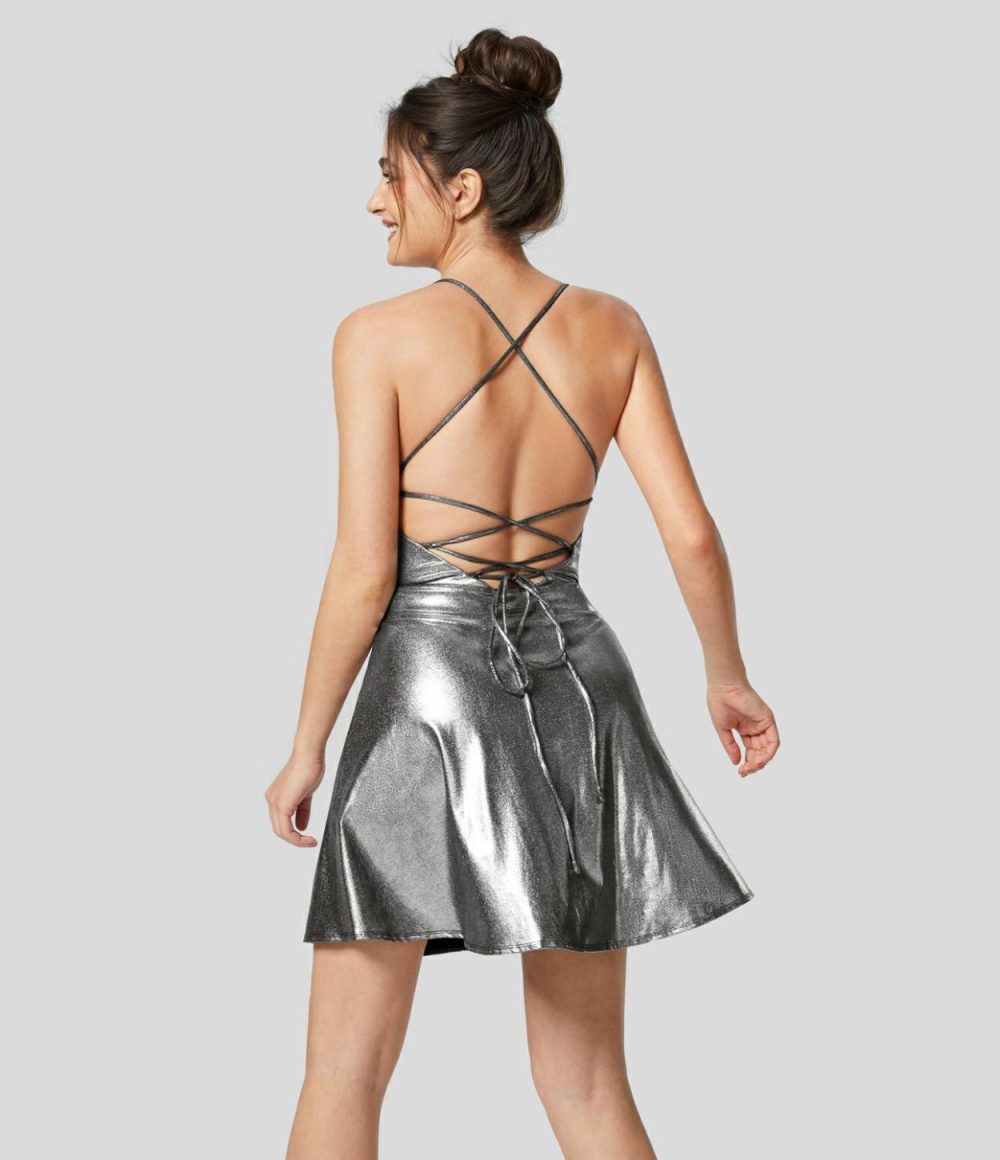 Softlyzero™ Faux Leather Backless Crisscross Lace Up Flare Hem Metallic Foil Print Stretchy Party Slip Dress  | Womens  Mini Dresses Clothing Mini Dresses