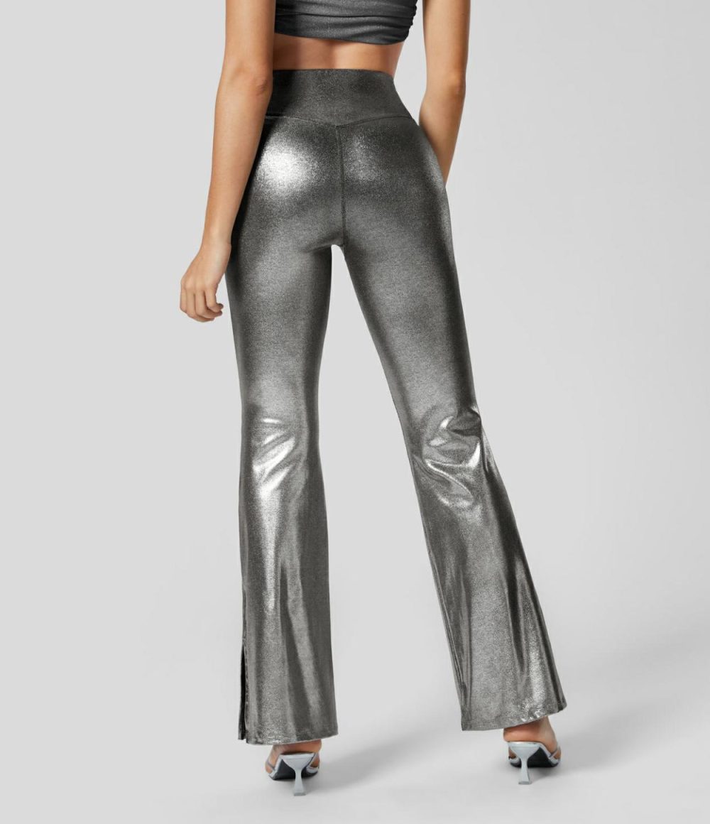 Softlyzero™ Faux Leather Crossover High Waisted Side Pocket Split Hem Full Length Metallic Foil Print Stretchy Party Flare Leggings  | Womens  Flare Pants Clothing Flare Leggings