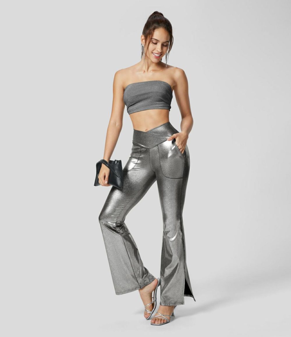 Softlyzero™ Faux Leather Crossover High Waisted Side Pocket Split Hem Full Length Metallic Foil Print Stretchy Party Flare Leggings  | Womens  Flare Pants Clothing Flare Leggings