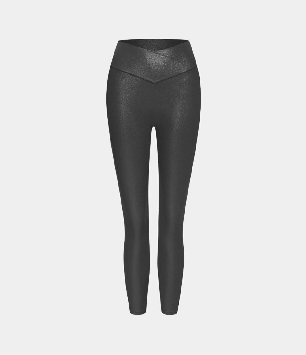 Softlyzero™ Faux Leather Crossover Pocket Foil Print Stretchy Casual 7/8 Leggings  | Womens  Crossover Leggings Clothing Crossover Leggings