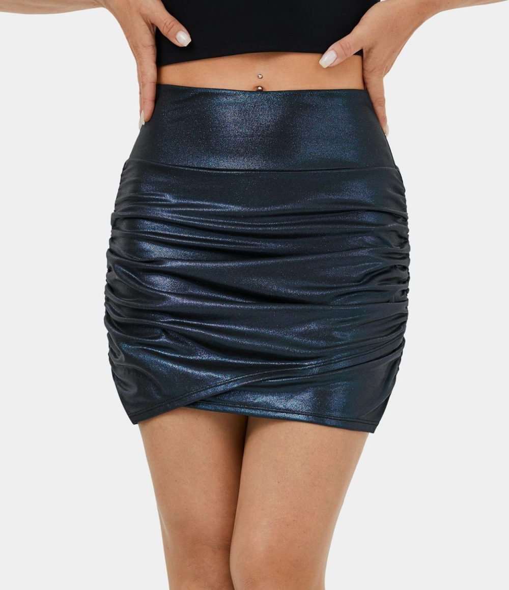 Softlyzero™ Faux Leather High Waisted Bodycon Foil Print Stretchy 2-in-1 Ruched Casual Skirt  | Womens  Mini Skirts Clothing Bright Skin Floating White/Shiny Midnight Blue/Shiny Dusk Black