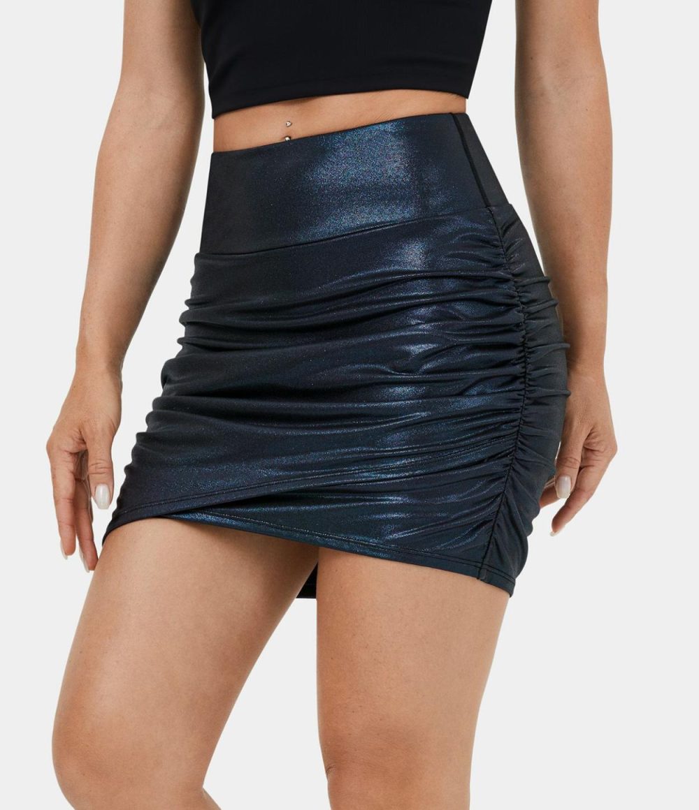 Softlyzero™ Faux Leather High Waisted Bodycon Foil Print Stretchy 2-in-1 Ruched Casual Skirt  | Womens  Mini Skirts Clothing Bright Skin Floating White/Shiny Midnight Blue/Shiny Dusk Black