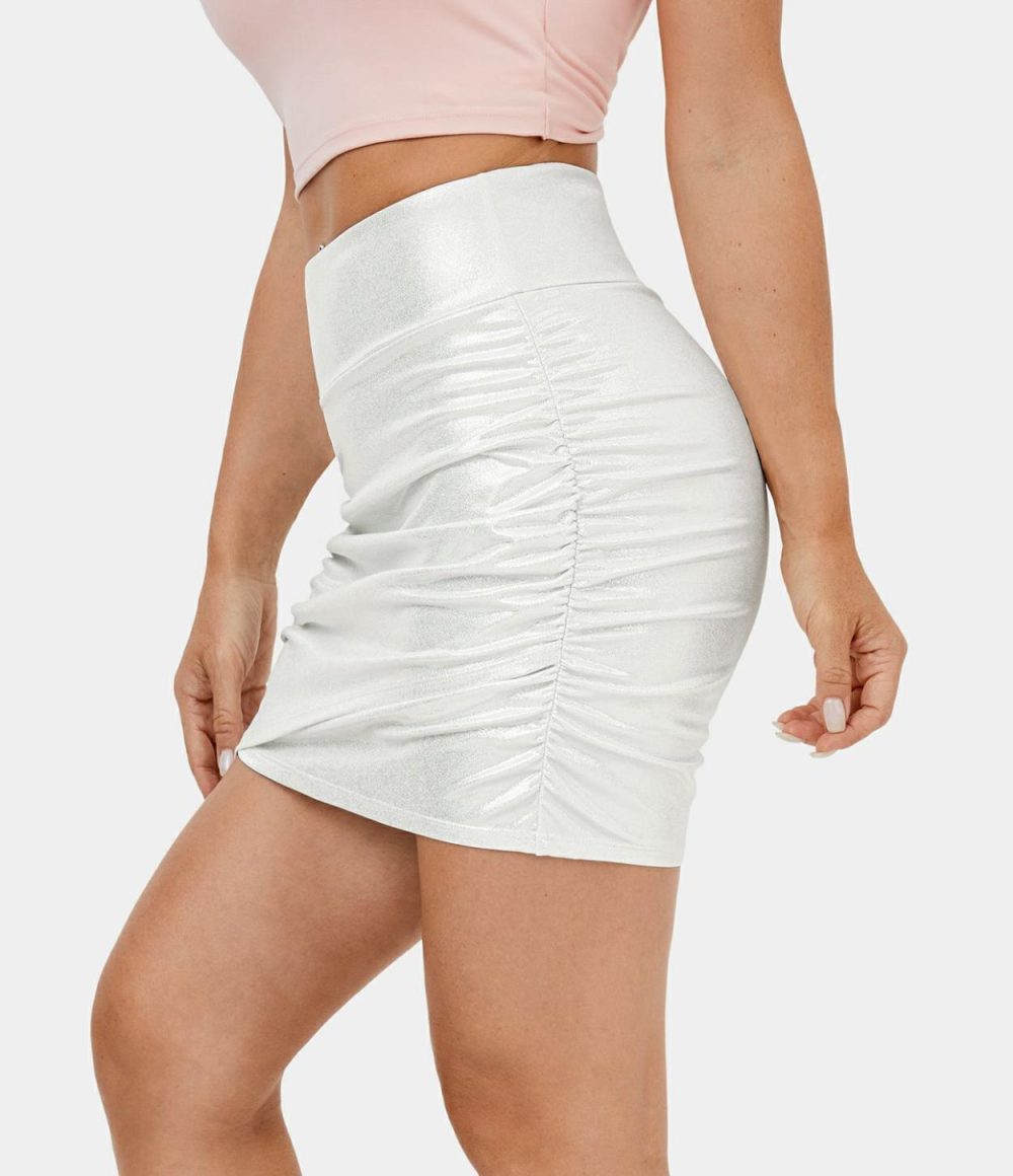 Softlyzero™ Faux Leather High Waisted Bodycon Foil Print Stretchy 2-in-1 Ruched Casual Skirt  | Womens  Mini Skirts Clothing Bright Skin Floating White/Shiny Midnight Blue/Shiny Dusk Black