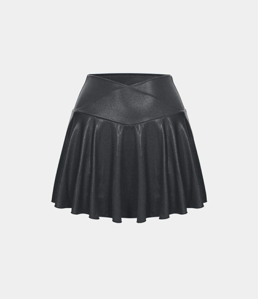 Softlyzero™ Faux Leather High Waisted Crossover 2-in-1 Side Pocket Foil Print Stretchy Flare Skirt  | Womens  Mini Skirts Clothing Mini Skirts