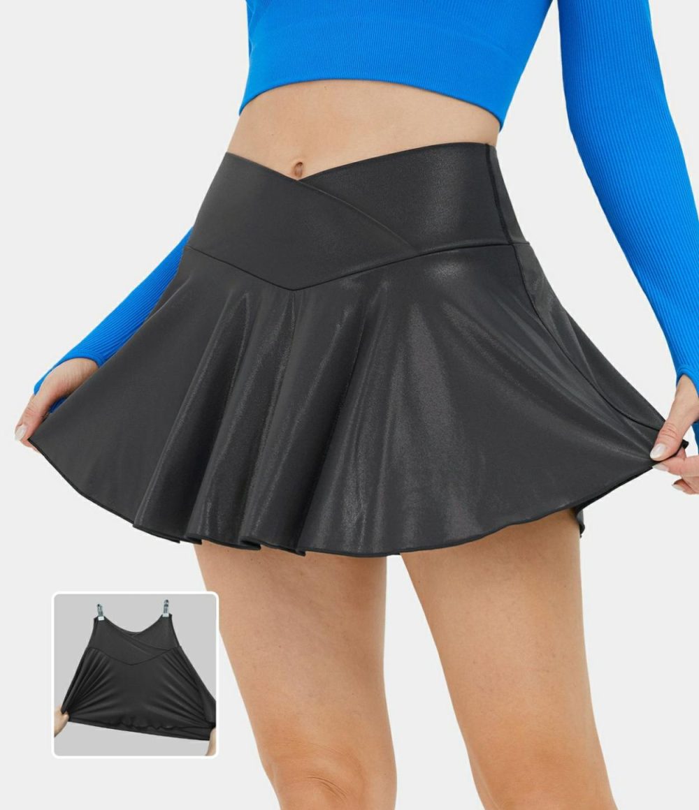 Softlyzero™ Faux Leather High Waisted Crossover 2-in-1 Side Pocket Foil Print Stretchy Flare Skirt  | Womens  Mini Skirts Clothing Mini Skirts