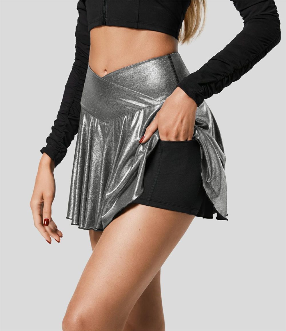 Softlyzero™ Faux Leather High Waisted Crossover 2-in-1 Side Pocket Foil Print Stretchy Flare Skirt  | Womens  Mini Skirts Clothing Mini Skirts