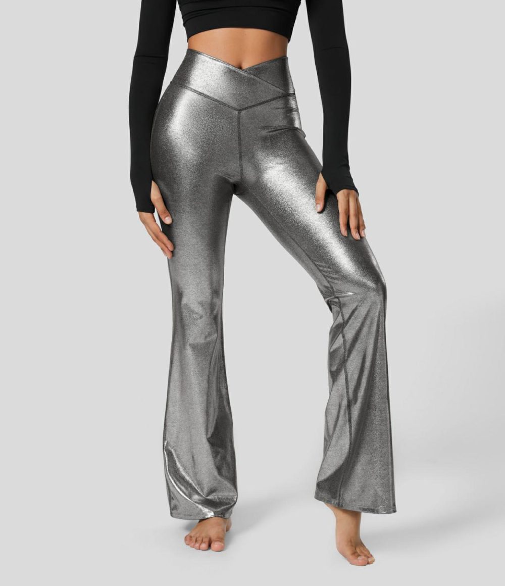 Softlyzero™ Faux Leather High Waisted Crossover Full Length Metallic Foil Print Stretchy Yoga Flare Leggings  | Womens  Flare Leggings Clothing Flare Leggings