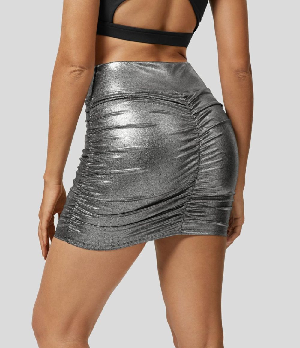 Softlyzero™ Faux Leather High Waisted Crossover Ruched 2-in-1 Bodycon Metallic Foil Print Stretchy Mini Party Skirt  | Womens  Mini Skirts Clothing Mini Skirts