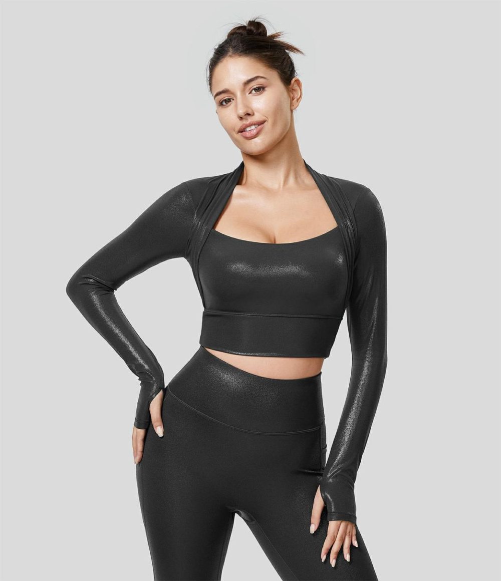 Softlyzero™ Faux Leather Long Sleeve Thumb Hole Cropped Foil Print Stretchy Party Sports Top  | Womens  Sports Tops Clothing Shiny Dusk Black