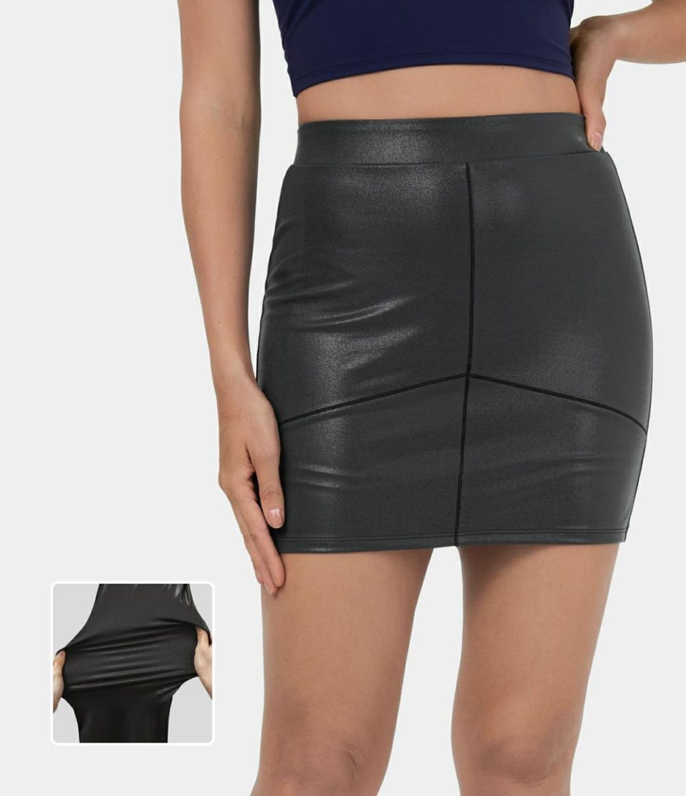 Softlyzero™ Faux Leather Mid Rise 2-in-1 Side Pocket Bodycon Foil Print Stretchy Mini Casual Skirt  | Womens  Mini Skirts Clothing Mini Skirts