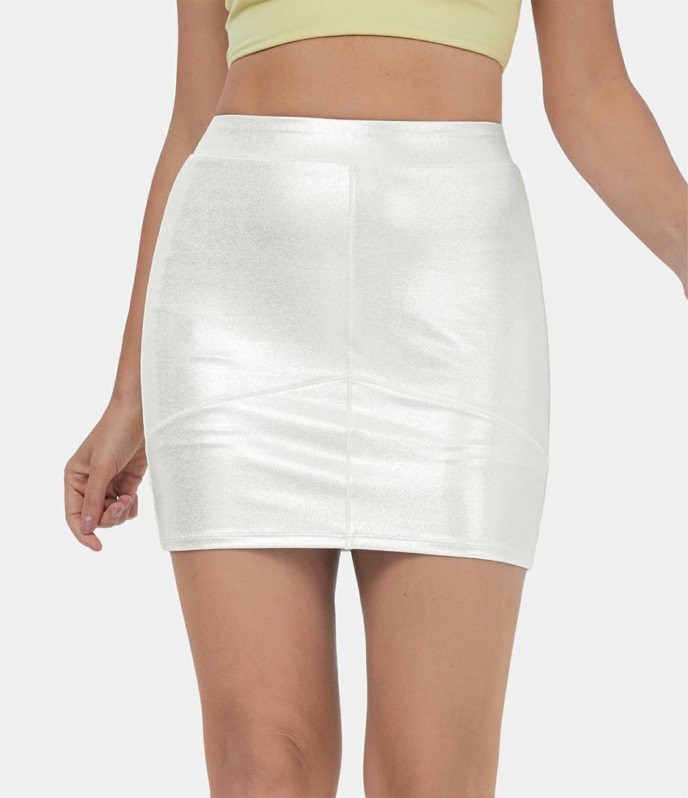 Softlyzero™ Faux Leather Mid Rise 2-in-1 Side Pocket Bodycon Foil Print Stretchy Mini Casual Skirt  | Womens  Mini Skirts Clothing Mini Skirts