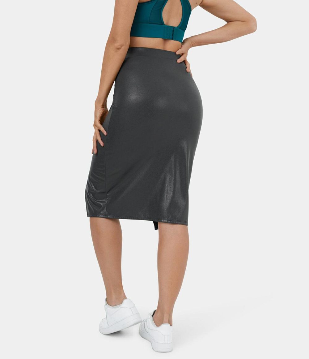 Softlyzero™ Faux Leather Ruched Split Hem Foil Print Stretchy Bodycon Midi Casual Skirt  | Womens  Everyday Skirts Clothing Everyday Skirts