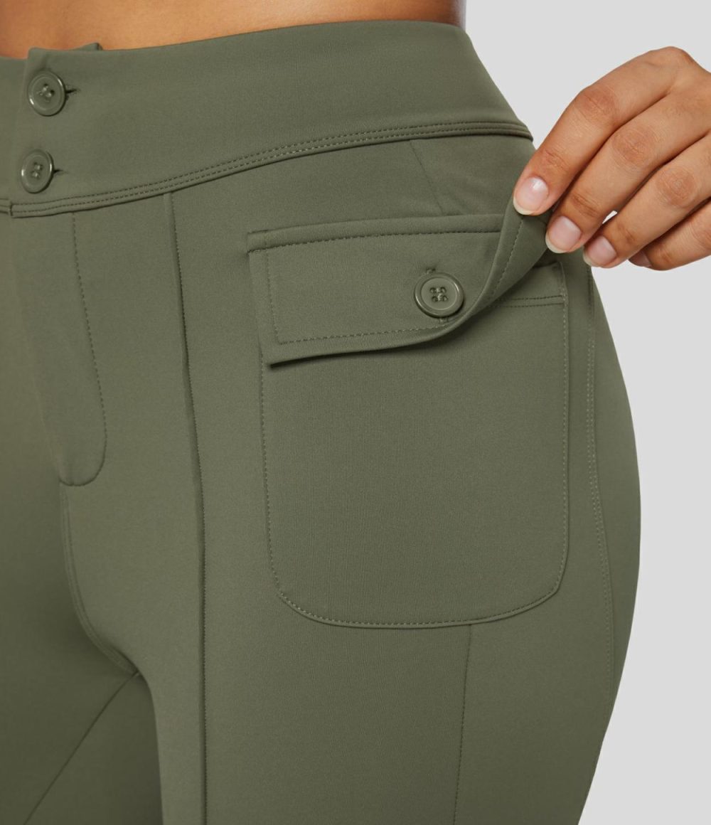 Softlyzero™ Fleece High Waisted Button Side Flap Pocket Flare Casual Cargo Pants  | Womens  Cargo Pants Cargo Pants Black/Grass Grey Green