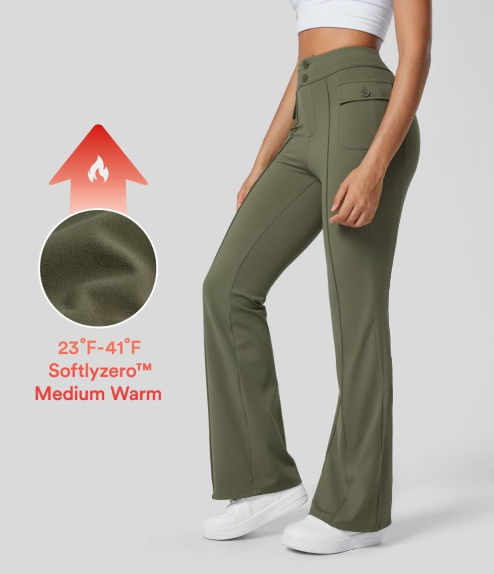 Softlyzero™ Fleece High Waisted Button Side Flap Pocket Flare Casual Cargo Pants  | Womens  Cargo Pants Cargo Pants Black/Grass Grey Green