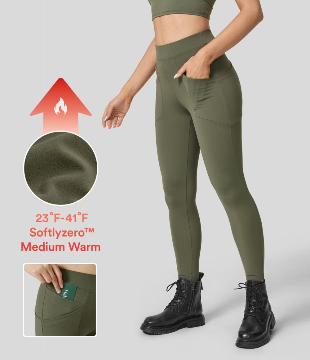 Softlyzero™ Fleece High Waisted Multiple Pockets 7/8 Yoga Leggings  | Womens  Pocket Leggings Clothing Grass Grey Green/Black