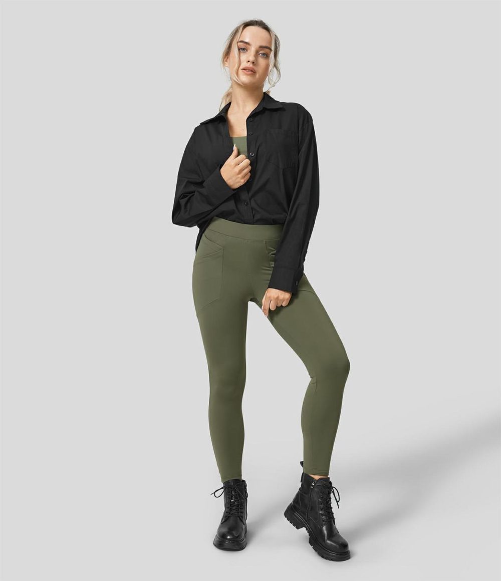 Softlyzero™ Fleece High Waisted Multiple Pockets 7/8 Yoga Leggings  | Womens  Pocket Leggings Clothing Grass Grey Green/Black