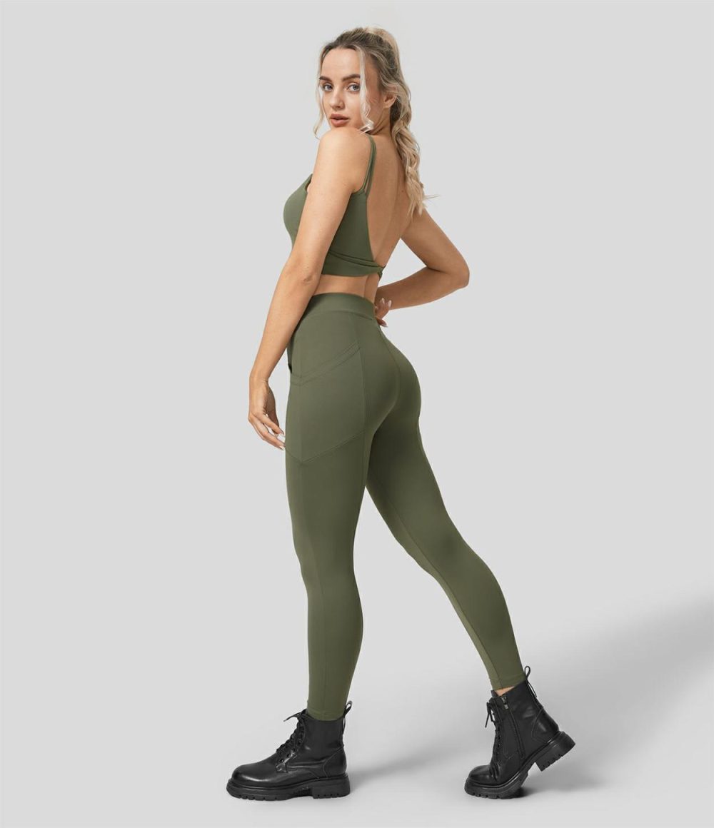 Softlyzero™ Fleece High Waisted Multiple Pockets 7/8 Yoga Leggings  | Womens  Pocket Leggings Clothing Grass Grey Green/Black