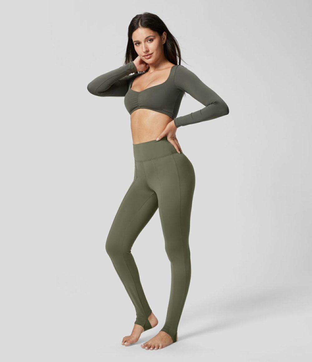 Softlyzero™ Fleece High Waisted Top-stitching Yoga Stirrup Leggings  | Womens  Yoga Leggings Clothing Black/Grass Grey Green