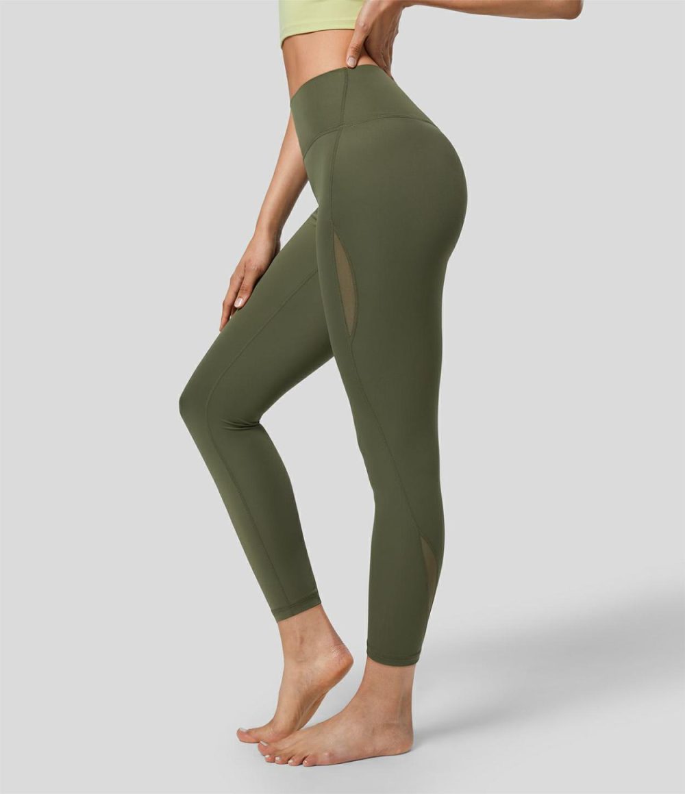 Softlyzero™ High Waisted Contrast Mesh 7/8 Yoga Leggings-UPF50+  | Womens  Yoga Leggings Clothing Grass Grey Green/Black