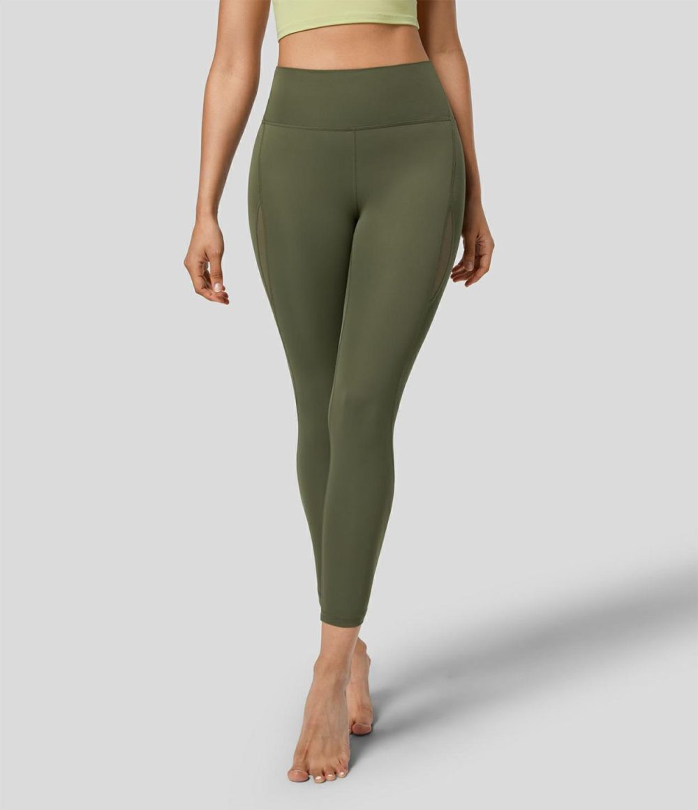 Softlyzero™ High Waisted Contrast Mesh 7/8 Yoga Leggings-UPF50+  | Womens  Yoga Leggings Clothing Grass Grey Green/Black