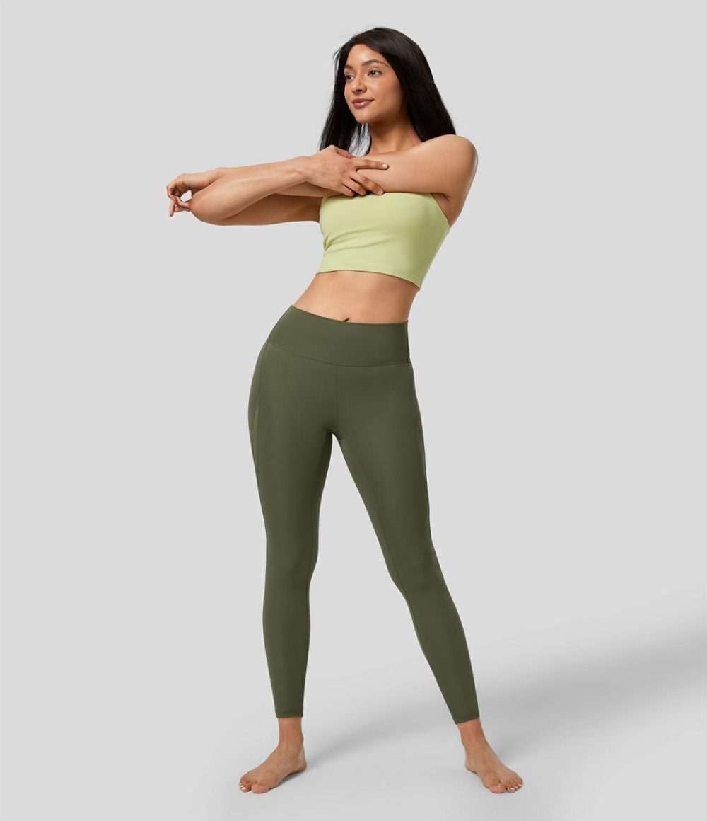 Softlyzero™ High Waisted Contrast Mesh 7/8 Yoga Leggings-UPF50+  | Womens  Yoga Leggings Clothing Grass Grey Green/Black