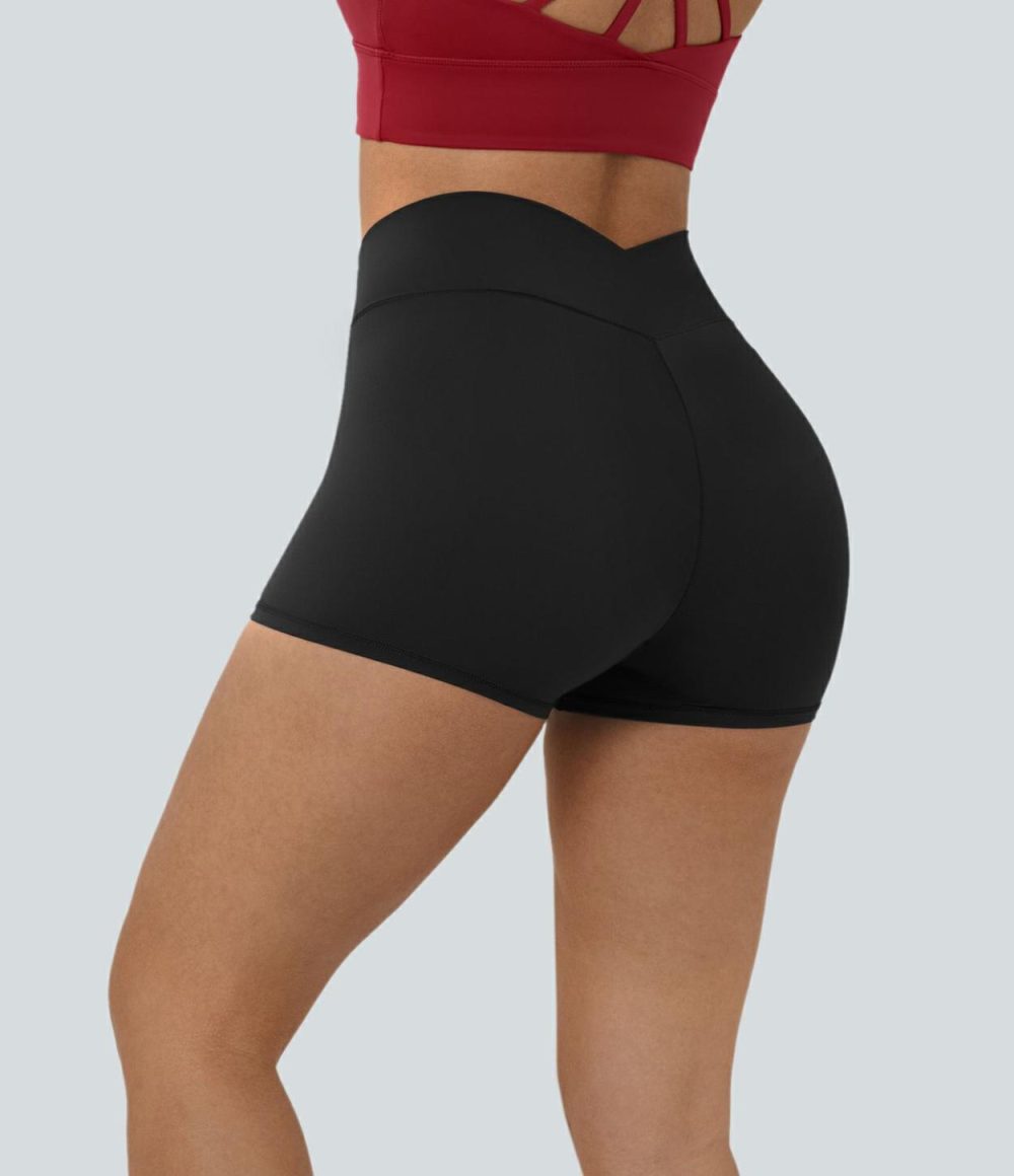 Softlyzero™ High Waisted Crossover Plain Yoga Biker Shorts 3”-UPF50+  | Womens  Crossover Shorts Clothing Black/Peacoat/Beaucoup Blue/Grass Grey Green/Asparagus/Fedora Red Purple/Begonia Rouge/Red Mahogany/Sunshine Orange/Cinnabar Purple