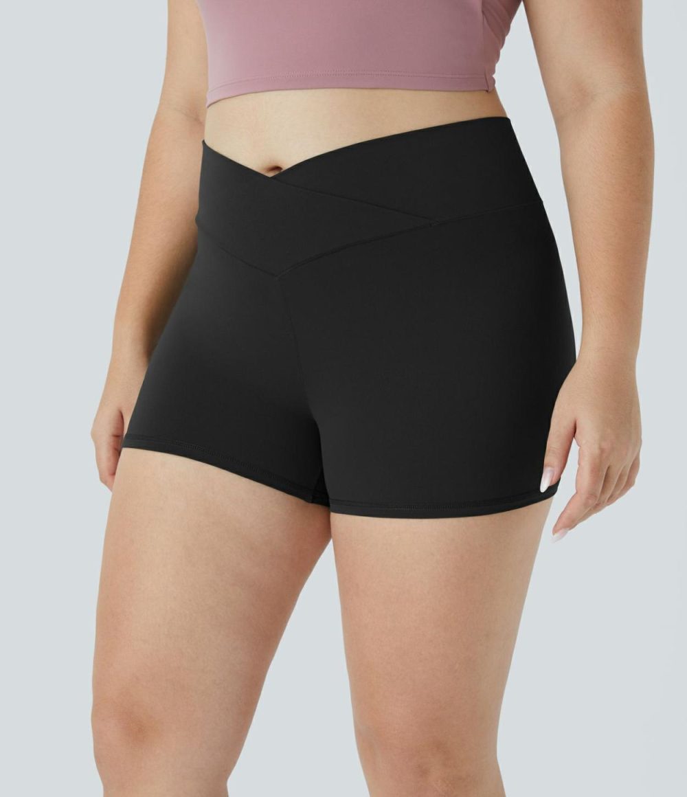 Softlyzero™ High Waisted Crossover Plain Yoga Plus Size Biker Shorts 3”-UPF50+  | Womens  Crossover Shorts Clothing Black/Grass Grey Green