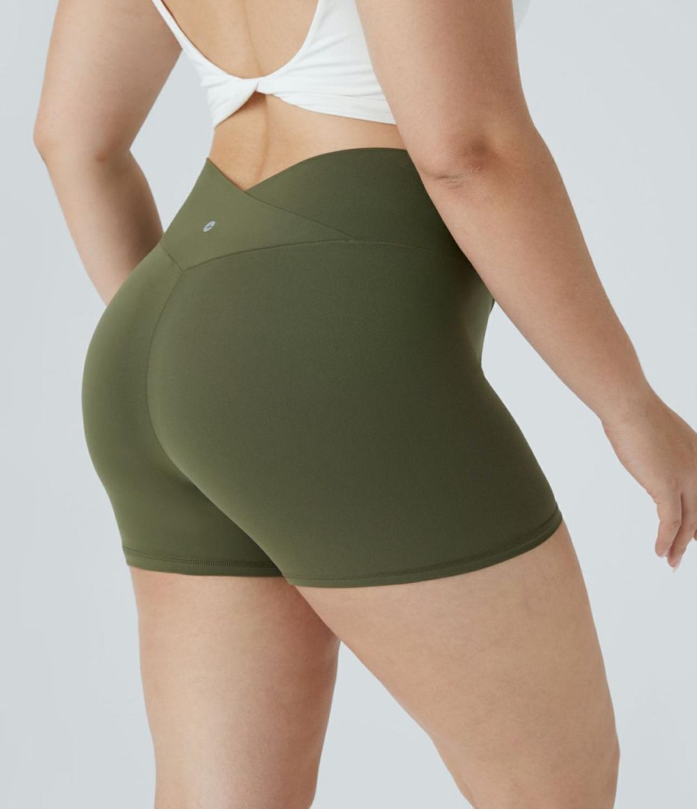 Softlyzero™ High Waisted Crossover Plain Yoga Plus Size Biker Shorts 3”-UPF50+  | Womens  Crossover Shorts Clothing Black/Grass Grey Green