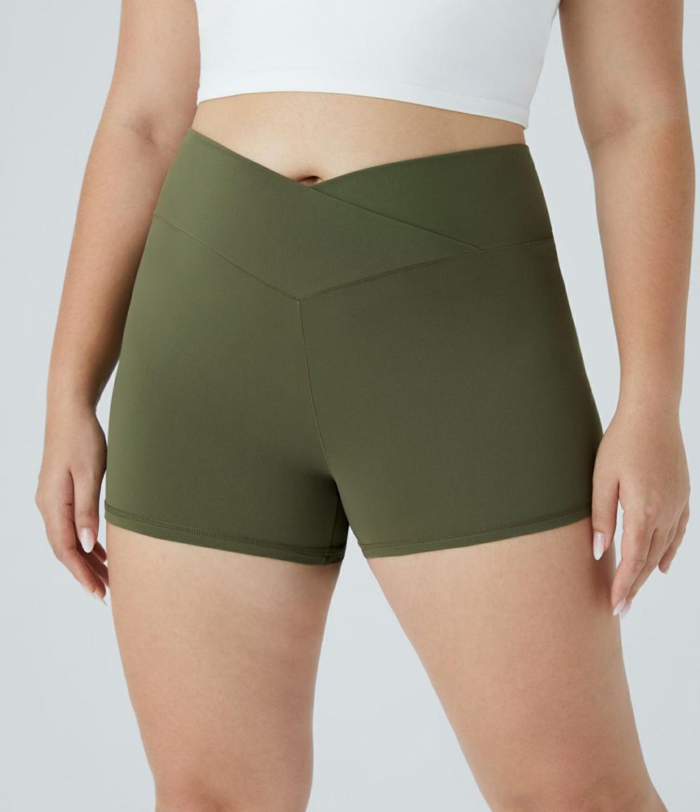 Softlyzero™ High Waisted Crossover Plain Yoga Plus Size Biker Shorts 3”-UPF50+  | Womens  Crossover Shorts Clothing Black/Grass Grey Green