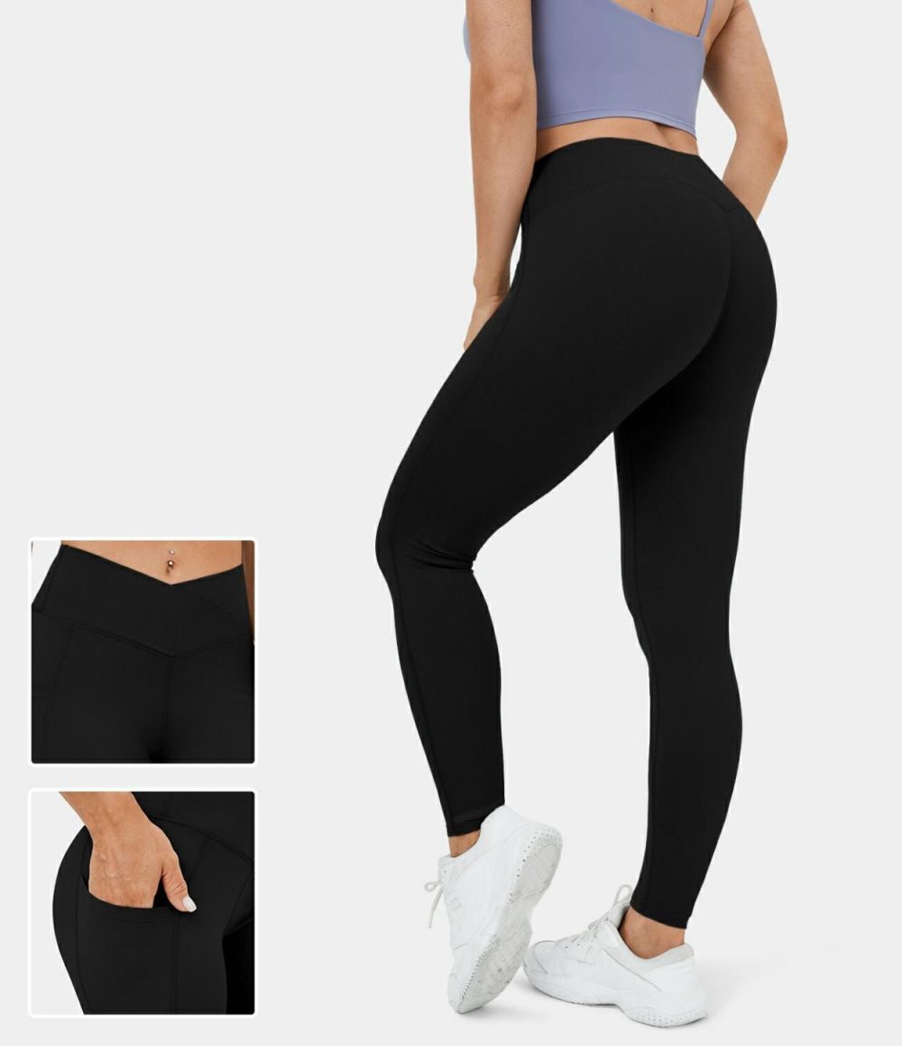 Softlyzero™ High Waisted Crossover Side Pocket Yoga 7/8 Leggings-UPF50+  | Womens  Crossover Leggings Clothing Black/Steel Gray