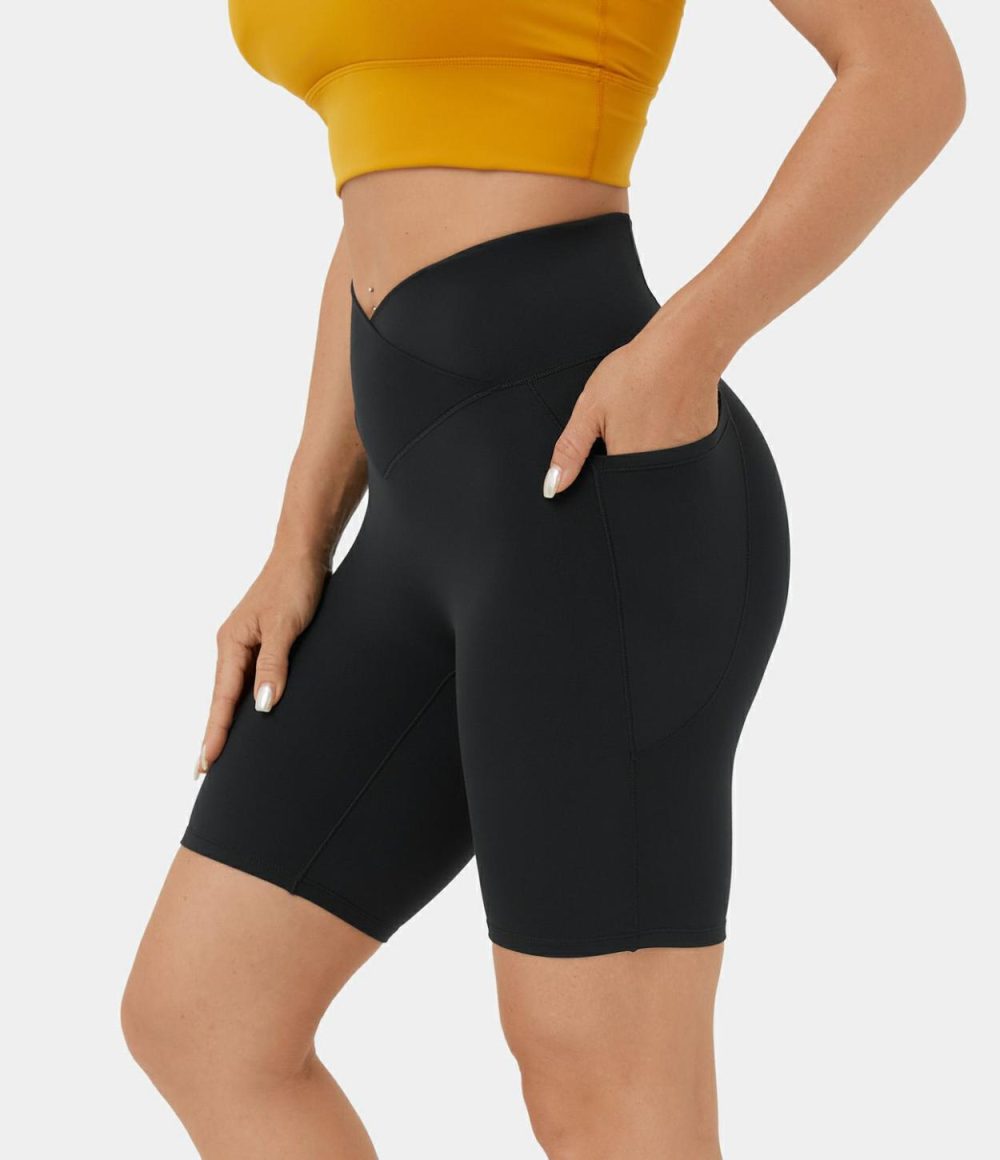 Softlyzero™ High Waisted Crossover Side Pocket Yoga Biker Shorts 7″-UPF50+  | Womens  Crossover Shorts Clothing Black/Misty Lavender/Red Mahogany/Island Paradise/Beaucoup Blue/Lemon Meringue/Sunshine Orange/Asparagus/Begonia Rouge/Grass Grey Green