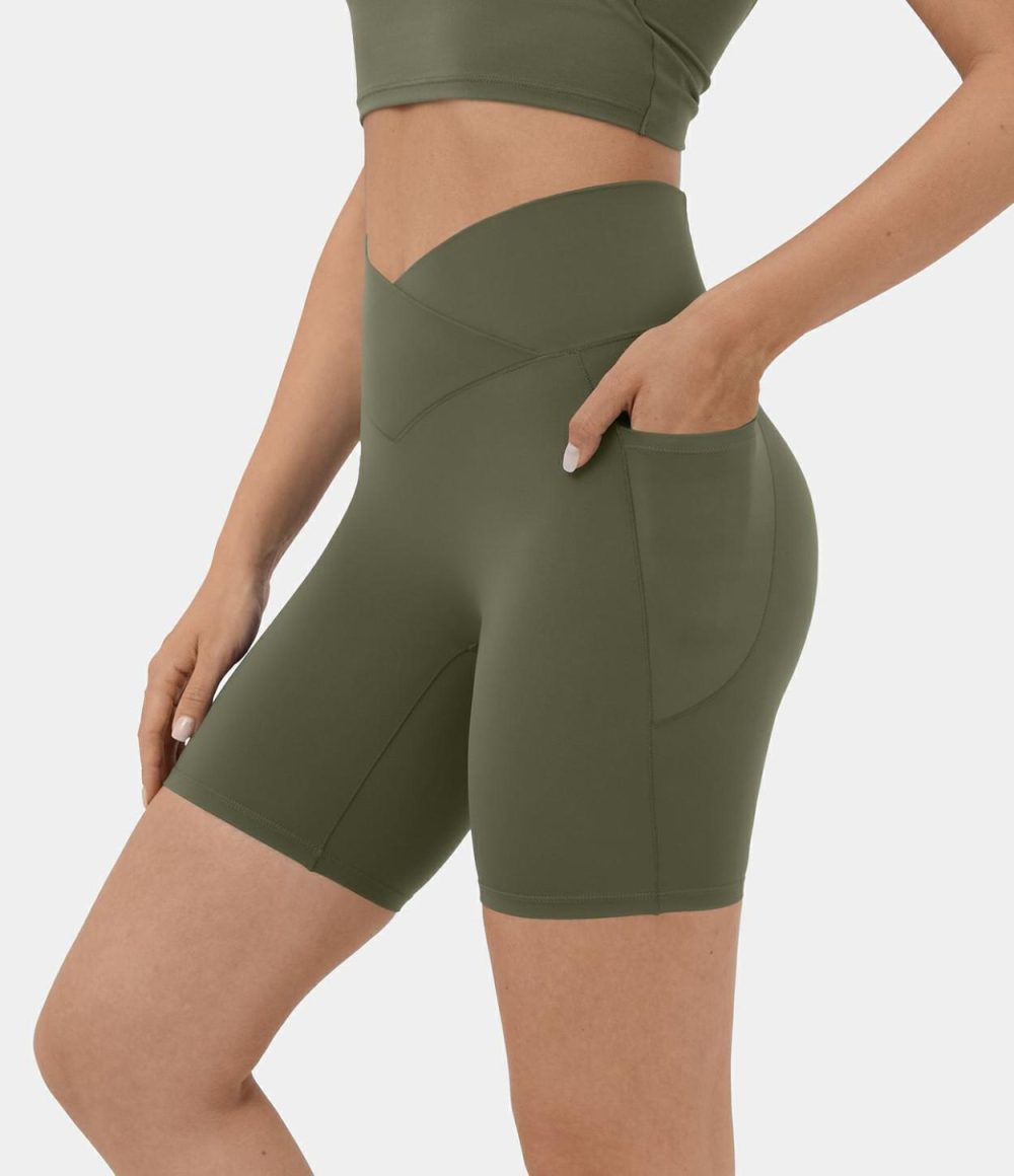 Softlyzero™ High Waisted Crossover Side Pocket Yoga Biker Shorts 7″-UPF50+  | Womens  Crossover Shorts Clothing Black/Misty Lavender/Red Mahogany/Island Paradise/Beaucoup Blue/Lemon Meringue/Sunshine Orange/Asparagus/Begonia Rouge/Grass Grey Green