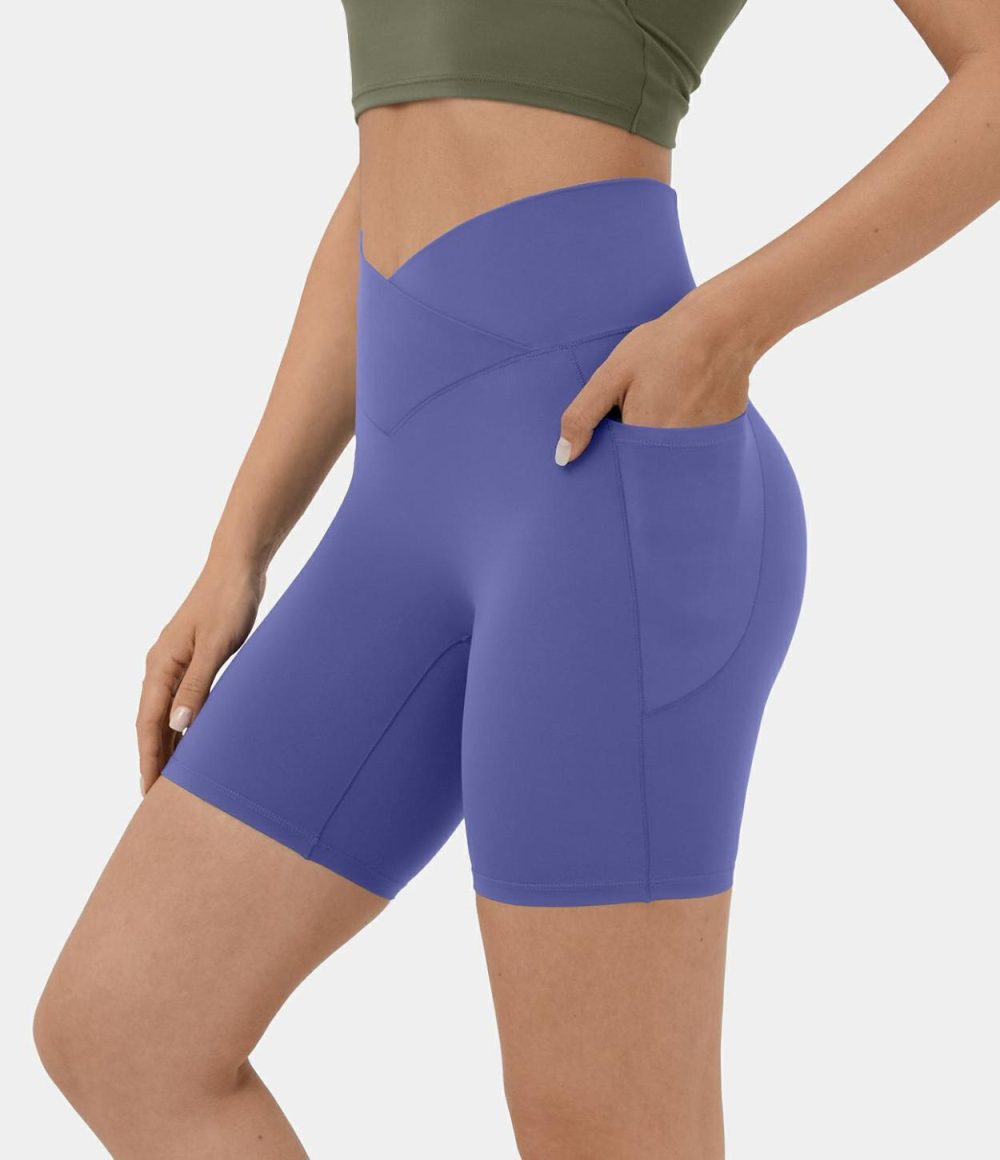 Softlyzero™ High Waisted Crossover Side Pocket Yoga Biker Shorts 7″-UPF50+  | Womens  Crossover Shorts Clothing Black/Misty Lavender/Red Mahogany/Island Paradise/Beaucoup Blue/Lemon Meringue/Sunshine Orange/Asparagus/Begonia Rouge/Grass Grey Green