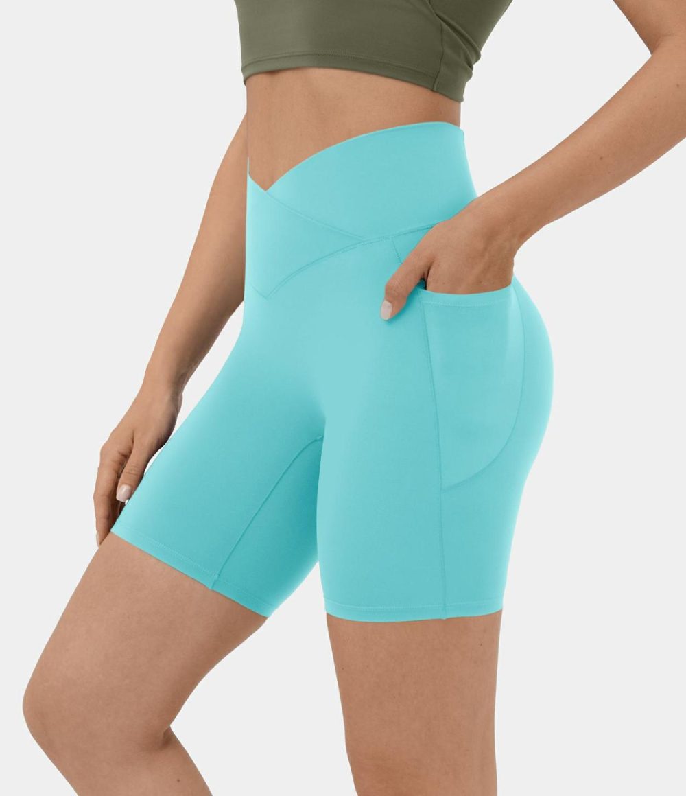 Softlyzero™ High Waisted Crossover Side Pocket Yoga Biker Shorts 7″-UPF50+  | Womens  Crossover Shorts Clothing Black/Misty Lavender/Red Mahogany/Island Paradise/Beaucoup Blue/Lemon Meringue/Sunshine Orange/Asparagus/Begonia Rouge/Grass Grey Green