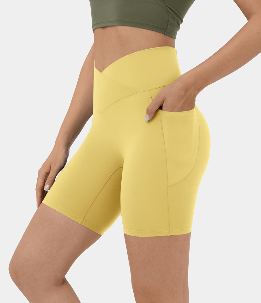 Softlyzero™ High Waisted Crossover Side Pocket Yoga Biker Shorts 7″-UPF50+  | Womens  Crossover Shorts Clothing Black/Misty Lavender/Red Mahogany/Island Paradise/Beaucoup Blue/Lemon Meringue/Sunshine Orange/Asparagus/Begonia Rouge/Grass Grey Green