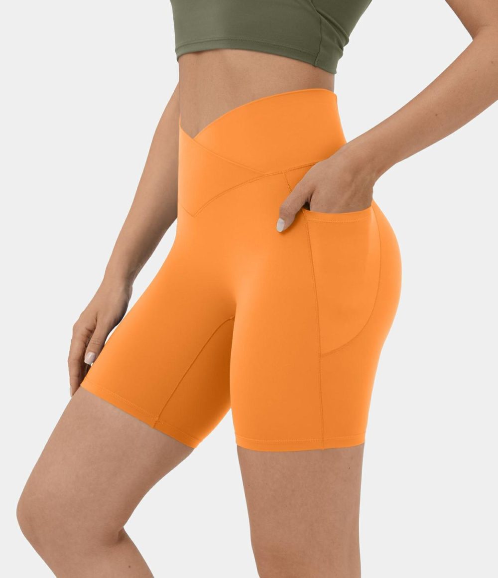 Softlyzero™ High Waisted Crossover Side Pocket Yoga Biker Shorts 7″-UPF50+  | Womens  Crossover Shorts Clothing Black/Misty Lavender/Red Mahogany/Island Paradise/Beaucoup Blue/Lemon Meringue/Sunshine Orange/Asparagus/Begonia Rouge/Grass Grey Green