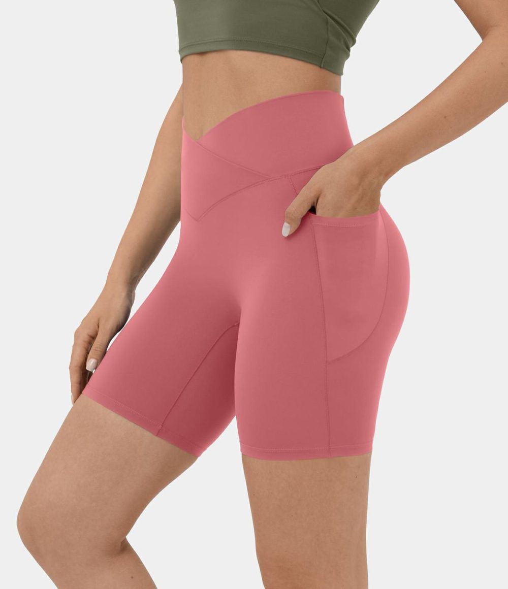 Softlyzero™ High Waisted Crossover Side Pocket Yoga Biker Shorts 7″-UPF50+  | Womens  Crossover Shorts Clothing Black/Misty Lavender/Red Mahogany/Island Paradise/Beaucoup Blue/Lemon Meringue/Sunshine Orange/Asparagus/Begonia Rouge/Grass Grey Green