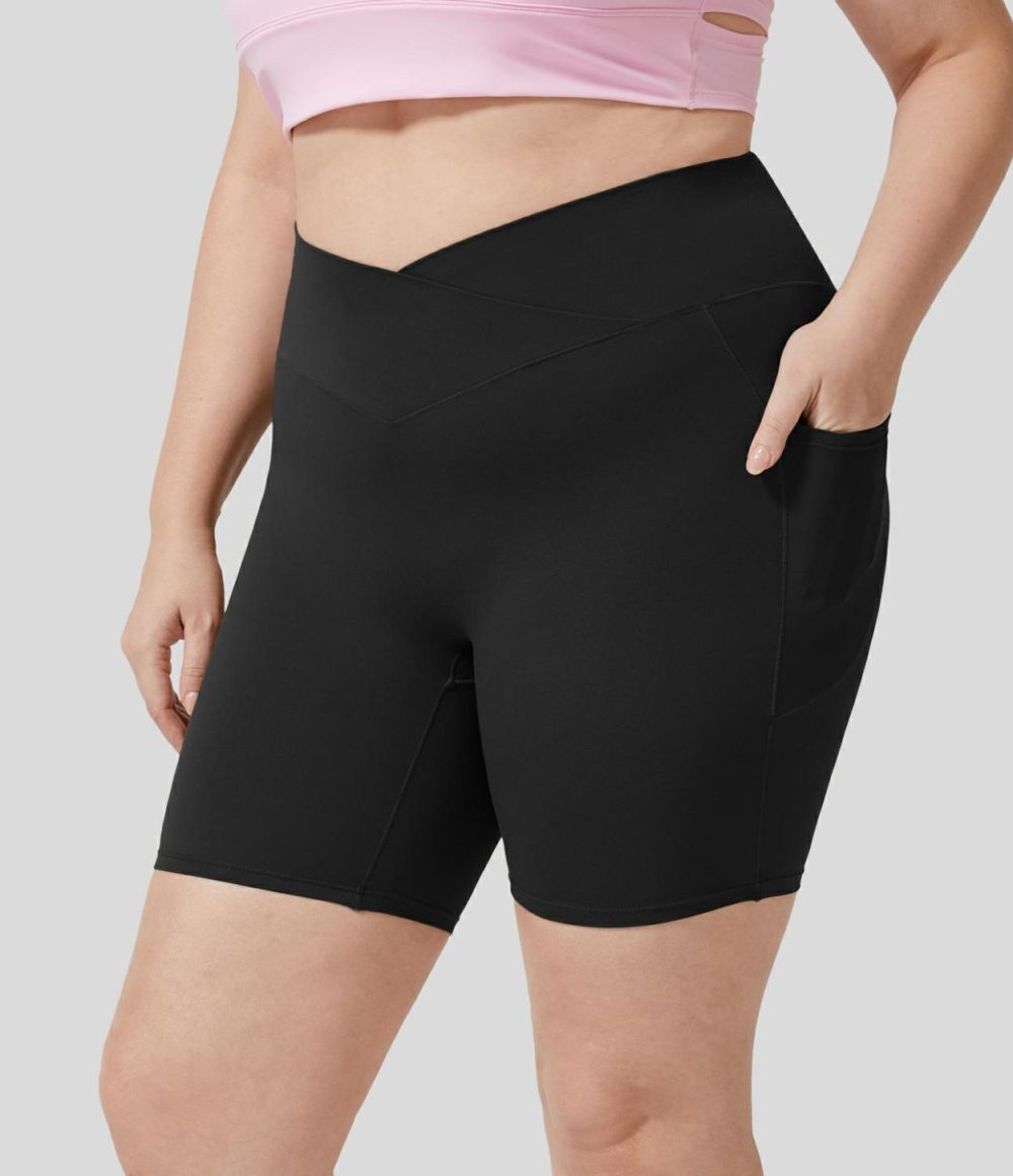 Softlyzero™ High Waisted Crossover Side Pocket Yoga Plus Size Biker Shorts 7″-UPF50+  | Womens  Crossover Shorts Clothing Crossover Shorts