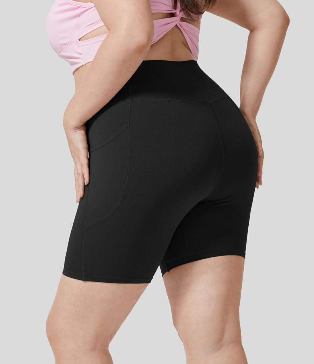 Softlyzero™ High Waisted Crossover Side Pocket Yoga Plus Size Biker Shorts 7″-UPF50+  | Womens  Crossover Shorts Clothing Crossover Shorts