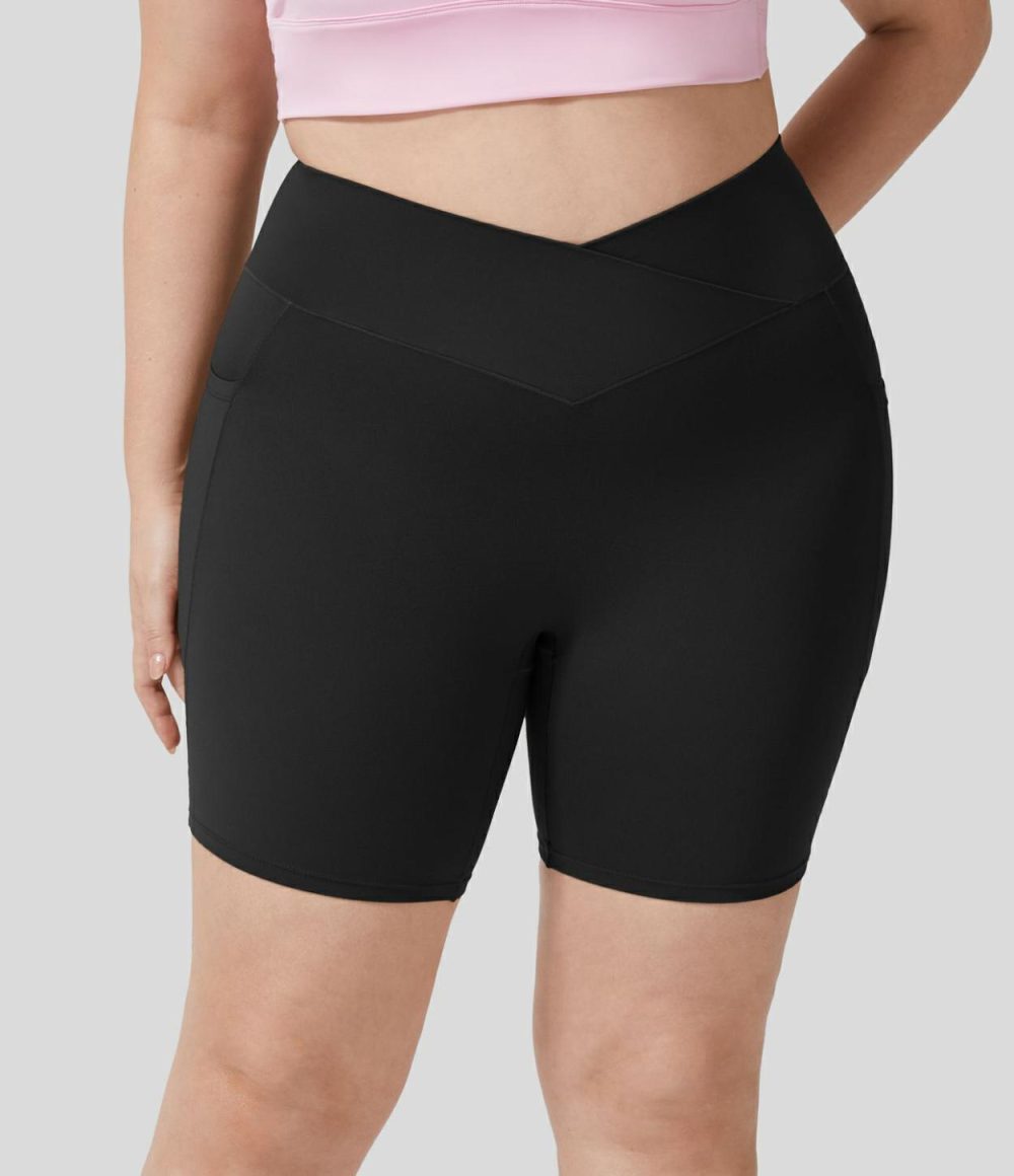 Softlyzero™ High Waisted Crossover Side Pocket Yoga Plus Size Biker Shorts 7″-UPF50+  | Womens  Crossover Shorts Clothing Crossover Shorts