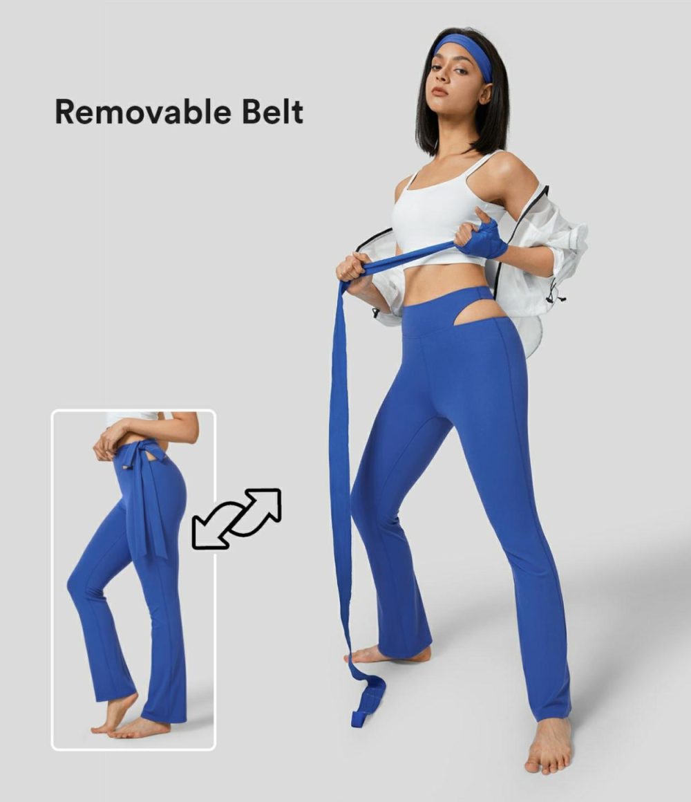 Softlyzero™ High Waisted Cut Out Tie Side Slight Flare Workout Leggings-UPF50+  | Womens  Flare Pants Clothing Beaucoup Blue/Black