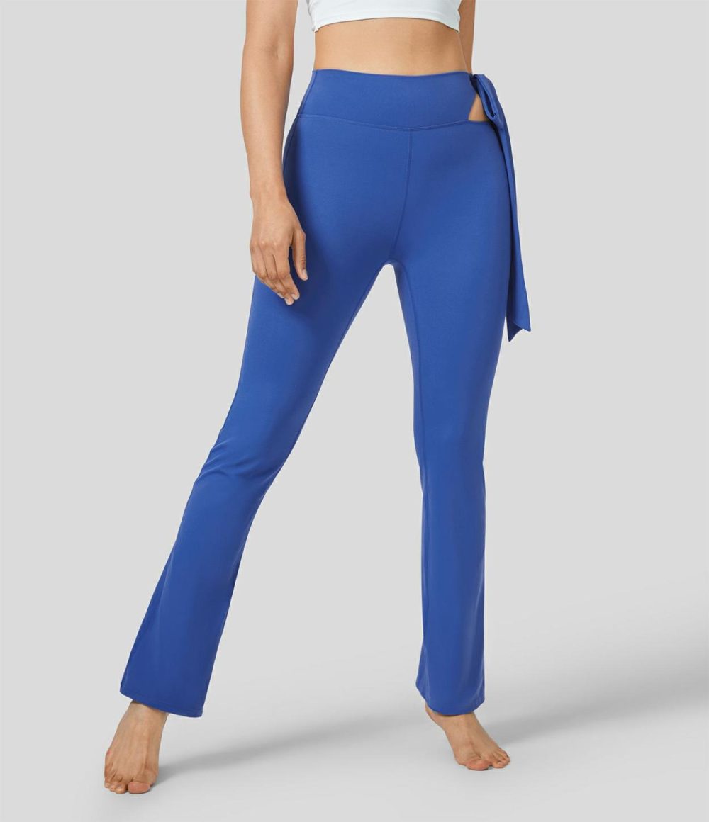 Softlyzero™ High Waisted Cut Out Tie Side Slight Flare Workout Leggings-UPF50+  | Womens  Flare Pants Clothing Beaucoup Blue/Black