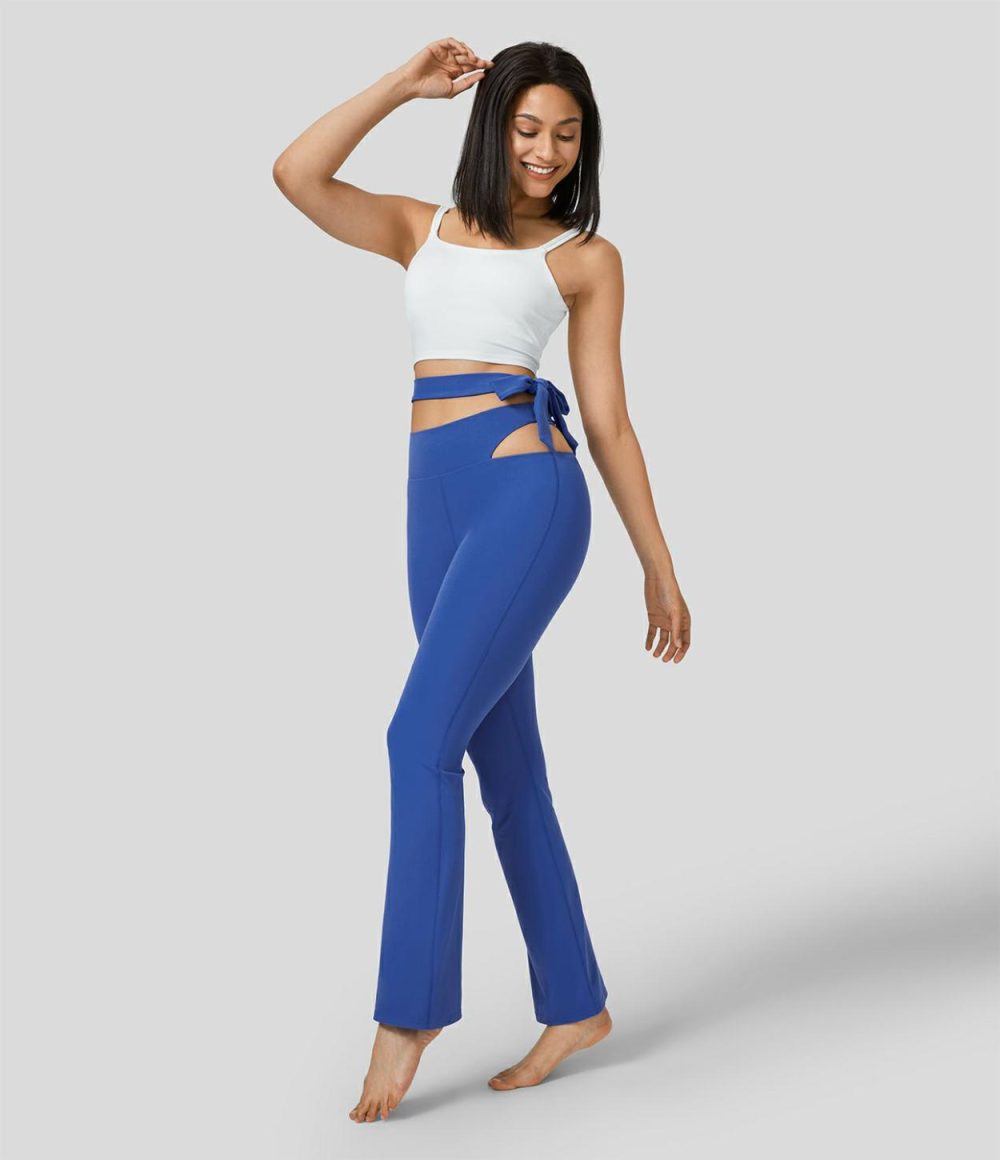 Softlyzero™ High Waisted Cut Out Tie Side Slight Flare Workout Leggings-UPF50+  | Womens  Flare Pants Clothing Beaucoup Blue/Black