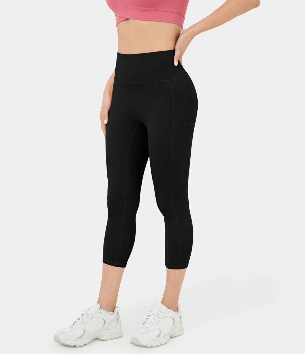 Softlyzero™ High Waisted Double Pockets Plain Capri Leggings-UPF50+  | Womens  Pocket Leggings Clothing Begonia Rouge/Black