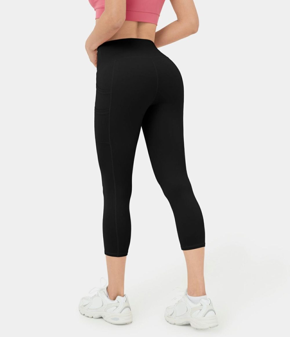 Softlyzero™ High Waisted Double Pockets Plain Capri Leggings-UPF50+  | Womens  Pocket Leggings Clothing Begonia Rouge/Black